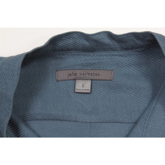 John Varvatos Aqua Twill Collarless Banded Collar Linen Button-Up Shirt~ S - Picture 6 of 7